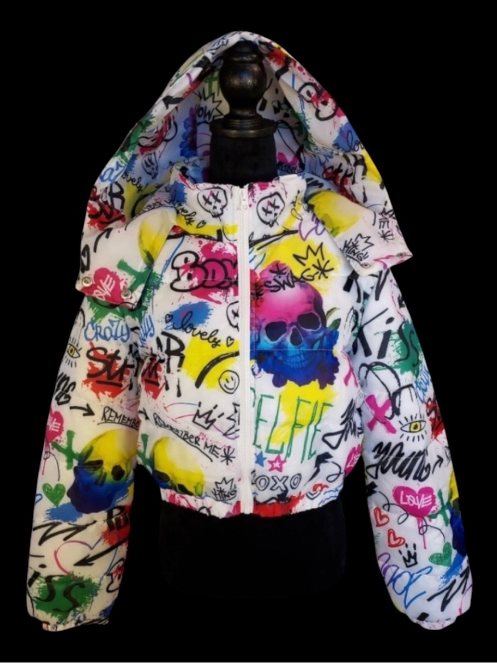 Almost Famous Jacket Multicolor Graffiti Skull Print Hooded Coat Cybercore XL
